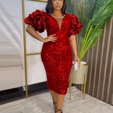 Plus Size V Neck Stacked Sleeves Sequin Midi Dress GKEN-221117