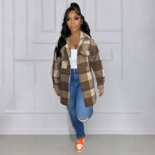 Plus Size Loose Plaid Mauney Long Sleeve Shirt Coat YIM-370