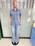 Short Sleeve Washed Slim Denim Jumpsuit LX-3567