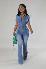 Short Sleeve Washed Slim Denim Jumpsuit LX-3567