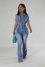 Short Sleeve Washed Slim Denim Jumpsuit LX-3567