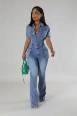 Short Sleeve Washed Slim Denim Jumpsuit LX-3567
