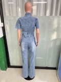 Short Sleeve Washed Slim Denim Jumpsuit LX-3567