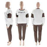 Letter Print Color Block Sweatshirt Two Piece Set SSNF-211405