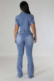 Short Sleeve Washed Slim Denim Jumpsuit LX-3567