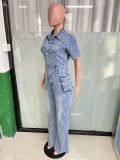 Short Sleeve Washed Slim Denim Jumpsuit LX-3567