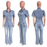 Short Sleeve Washed Slim Denim Jumpsuit LX-3567