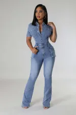 Short Sleeve Washed Slim Denim Jumpsuit LX-3567