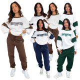 Letter Print Color Block Sweatshirt Two Piece Set SSNF-211405