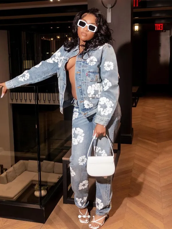 Fashion Long Sleeve Print Denim Coat CH-88005