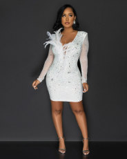 Hot Diamond Mesh Splicing V-neck Feather Mini Dress NY-3116