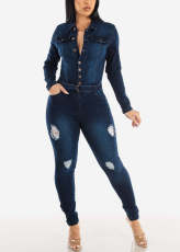 Fashion Holes Long Sleeve Washed Denim Jumpsuit LX-3569