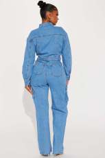 Washed Denim Single-breasted Flared Jumpsuit LX-3570