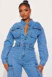Washed Denim Single-breasted Flared Jumpsuit LX-3570
