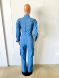 Washed Denim Single-breasted Flared Jumpsuit LX-3570