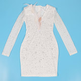 Hot Diamond Mesh Splicing V-neck Feather Mini Dress NY-3116