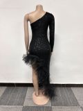 Sequin One-Shoulder Mesh Patchwork Irregular Dress NY-3115