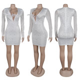 Hot Diamond Mesh Splicing V-neck Feather Mini Dress NY-3116