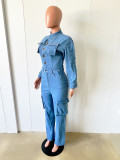 Washed Denim Single-breasted Flared Jumpsuit LX-3570