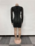 Hot Diamond Mesh Splicing V-neck Feather Mini Dress NY-3116