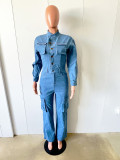Washed Denim Single-breasted Flared Jumpsuit LX-3570