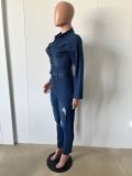 Fashion Holes Long Sleeve Washed Denim Jumpsuit LX-3569