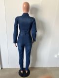 Fashion Holes Long Sleeve Washed Denim Jumpsuit LX-3569