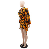Plus Size Print Bubble Sleeve 2 Piece Skirt Set HNIF-DHN105