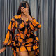 Plus Size Print Bubble Sleeve 2 Piece Skirt Set HNIF-DHN105
