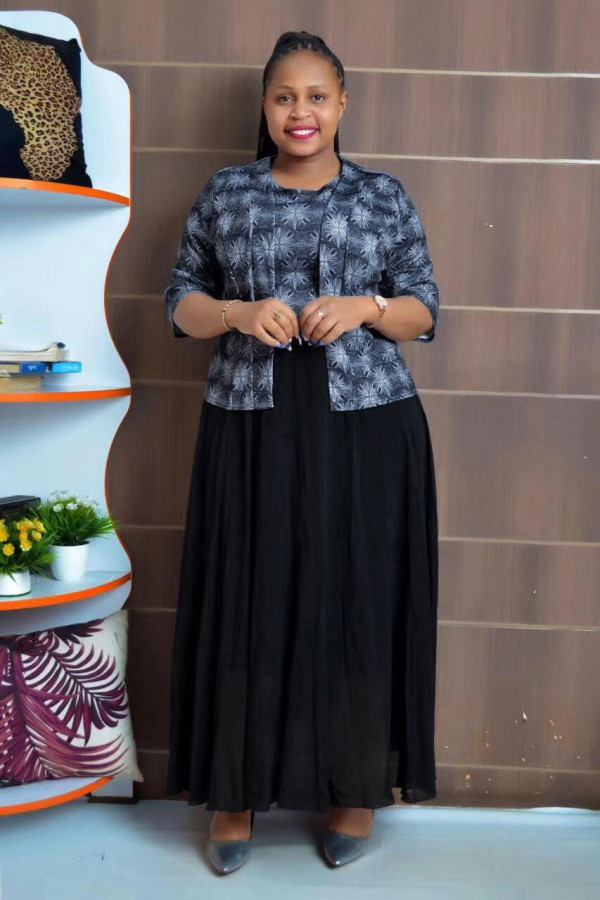 Plus Size Print Coat And Maxi Dress Two Piece Set GJXI-510