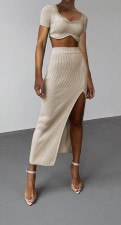 Short Sleeve Rib Tops And Split Skirt 2 Piece Set ME-8305