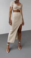Short Sleeve Rib Tops And Split Skirt 2 Piece Set ME-8305