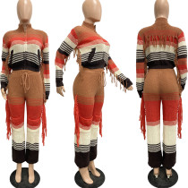 Color Block Tassel Knit Coat Two Piece Pants Set JPF-1092