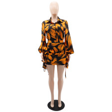 Plus Size Print Bubble Sleeve 2 Piece Skirt Set HNIF-DHN105