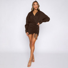 Fashion V Neck Drawstring Mini Dress HNIF-172