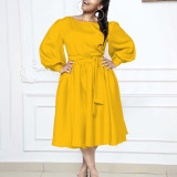 Long Sleeve O Neck Tie Solid Color A-Line Dress GATE-1479