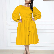 Long Sleeve O Neck Tie Solid Color A-Line Dress GATE-1479