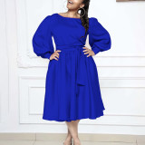 Long Sleeve O Neck Tie Solid Color A-Line Dress GATE-1479