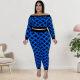 Plus Size Print One Shoulder Two Piece Pants Set GDAM-218259