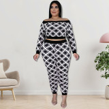 Plus Size Print One Shoulder Two Piece Pants Set GDAM-218259