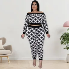 Plus Size Print One Shoulder Two Piece Pants Set GDAM-218259