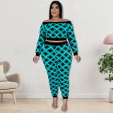 Plus Size Print One Shoulder Two Piece Pants Set GDAM-218259