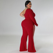 Plus Size Hot Drill Mesh Patchwork Single Shoulder Jumpsuit GDAM-218275