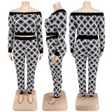 Plus Size Print One Shoulder Two Piece Pants Set GDAM-218259