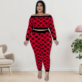 Plus Size Print One Shoulder Two Piece Pants Set GDAM-218259
