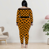 Plus Size Print One Shoulder Two Piece Pants Set GDAM-218259
