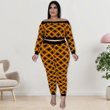 Plus Size Print One Shoulder Two Piece Pants Set GDAM-218259