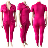 Plus Size Solid Short Sleeve Pocket Zipper Jumpsuit YNSF-1812