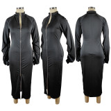 Solid Long Sleeve Zipper Maxi Dress TE-4466