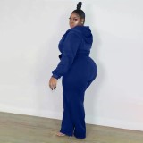 Plus Size Solid Color Hooded Sweatshirt Two Piece Pants Set XMF-343
